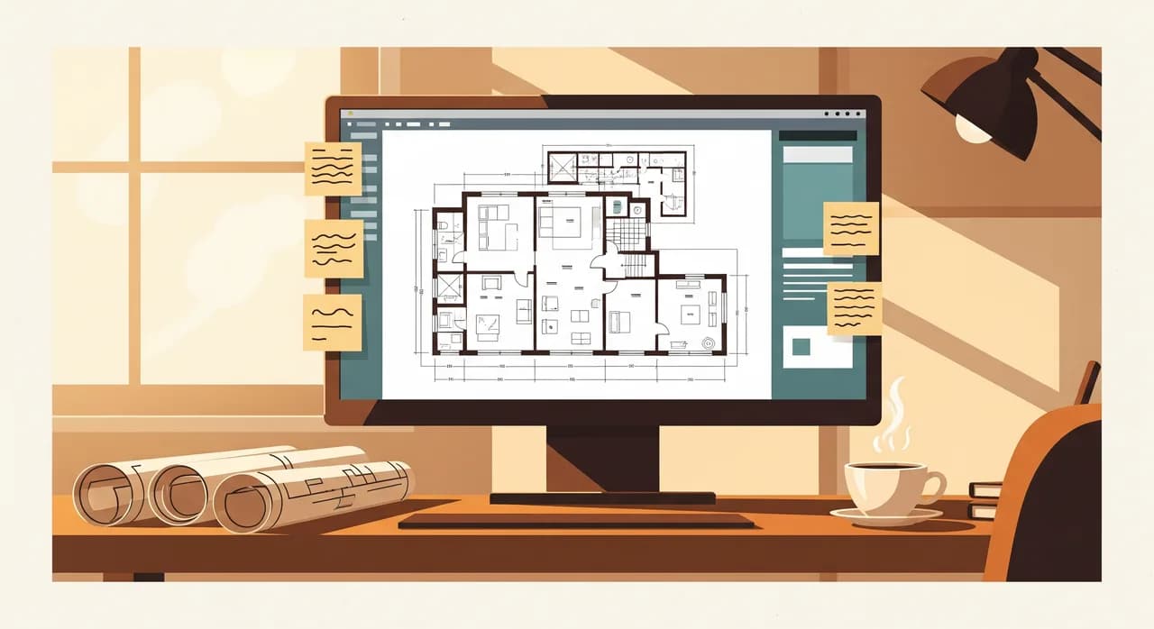An architect's desk in a bright studio with a large monitor showing a floor plan, a stack of rolled drawings, a coffee, and sticky notes on the screen edge marking revisions, warm daylight