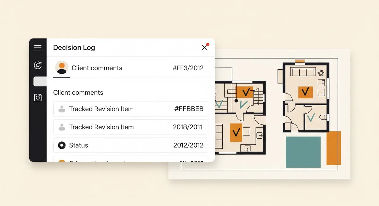 A clean digital decision log on a screen showing client comments turning into tracked revision items with statuses and dates, beside a marked-up PDF floor plan, flat editorial illustration style