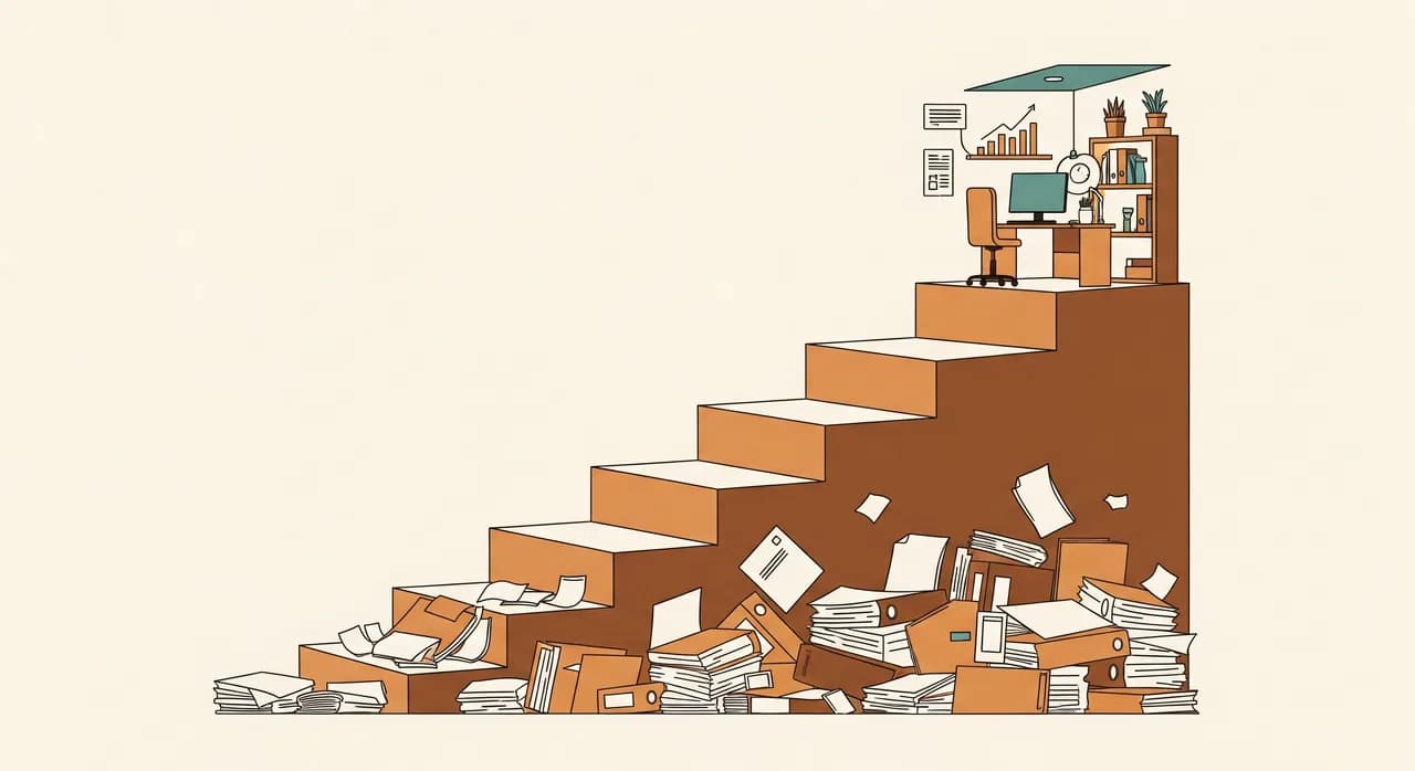 A five-step staircase illustration rising from a messy pile of files at the bottom to a calm organised digital studio at the top, each step labelled, clean minimal editorial style in muted tones