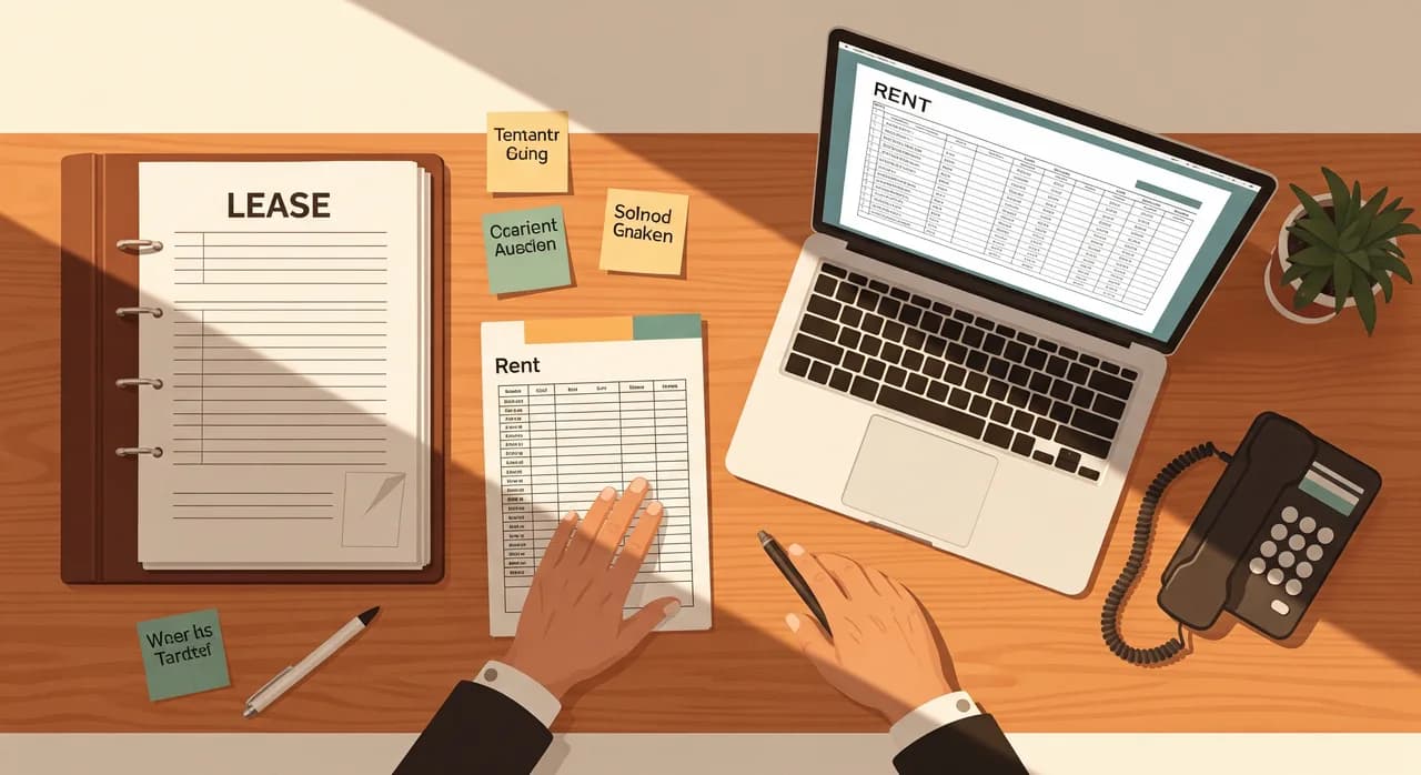 A property manager's desk seen from above: a paper lease binder, sticky notes with tenant names, a rent spreadsheet on a laptop and a ringing phone, in warm morning light