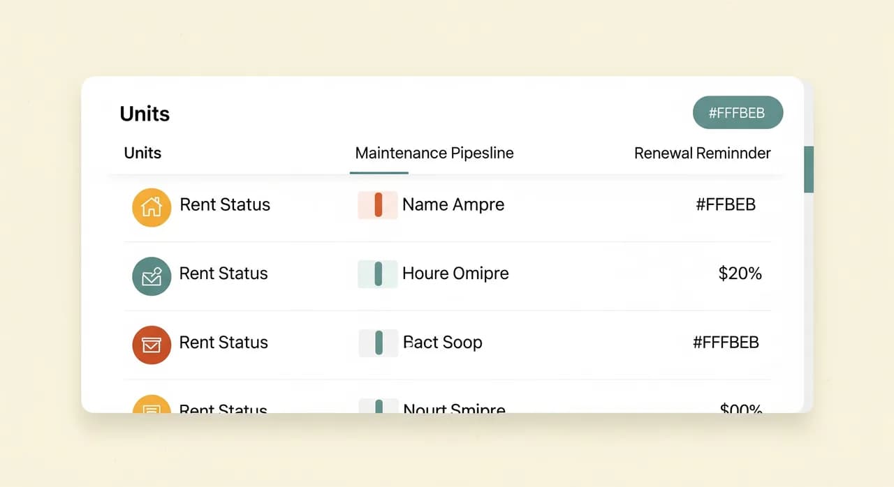 A clean illustrated dashboard for property management showing a list of units with rent status badges, a maintenance pipeline column and a renewal reminder, in a calm flat editorial style
