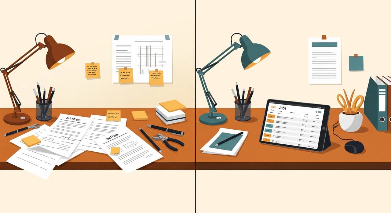 Delt før-og-efter-illustration af et lille elfirmas kontor: til venstre et kaotisk skrivebord begravet i papirarbejdssedler og post-it-sedler, til højre det samme skrivebord ryddeligt med en tablet, der viser en ren opgave- og fakturaliste