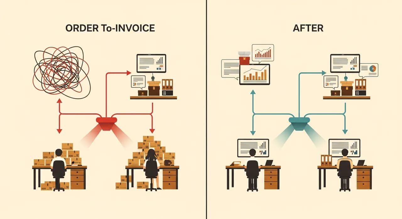 Une illustration avant-après en deux parties : à gauche un flux de commande à facture emmêlé avec un goulot d'étranglement rouge où les commandes s'entassent sur un bureau, à droite le même flux fluidifié avec le goulot dégagé et les systèmes connectés