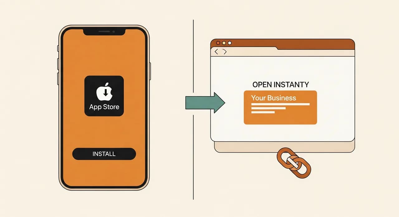 Bölünmüş ekranlı bir illüstrasyon: solda yükle düğmesi olan bir uygulama mağazası indirme sayfasını gösteren bir akıllı telefon, sağda aynı işletme bir tarayıcıda tıklanan bir bağlantıdan anında açılıyor; temiz ve sıcak düz bir tarzda çizilmiş