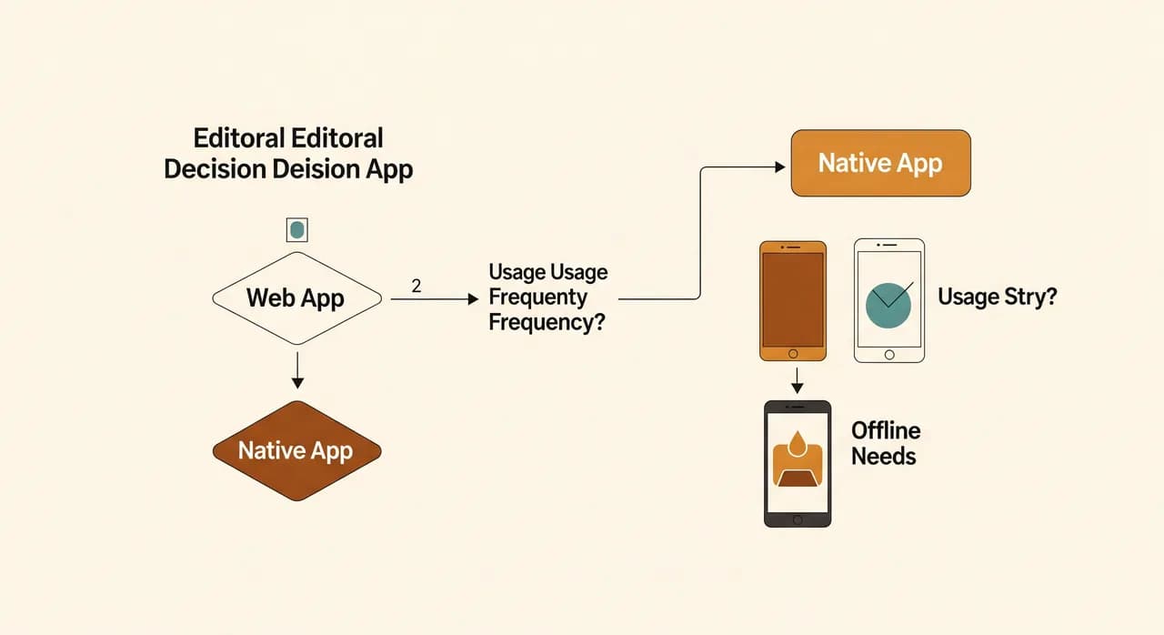 Kullanım sıklığı ve çevrimdışı ihtiyaçlar gibi basit sorulara dayanarak web uygulaması ile native uygulama arasında çatallanan tek bir yolu olan temiz editöryal bir karar akış şeması; minimal ve sıcak bir tarzda çizilmiş