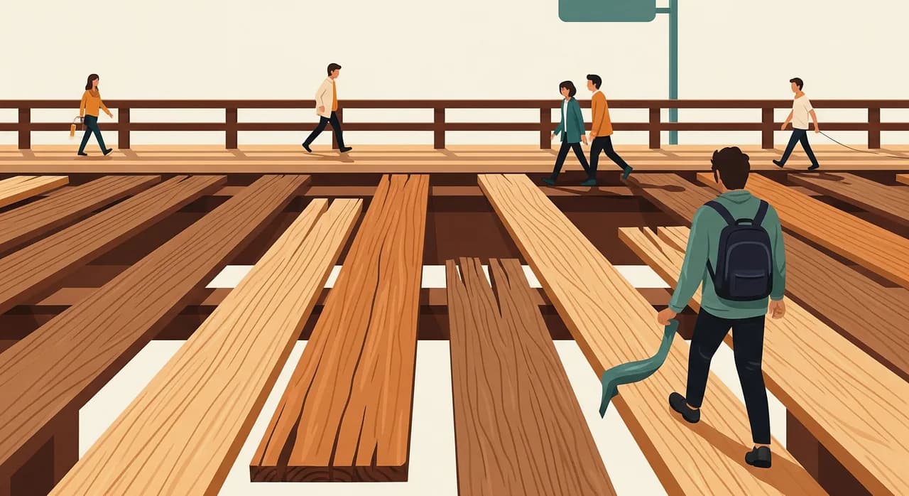 An old wooden bridge with several worn planks being individually replaced by fresh new boards while people continue walking across it, illustrated in a warm flat editorial style