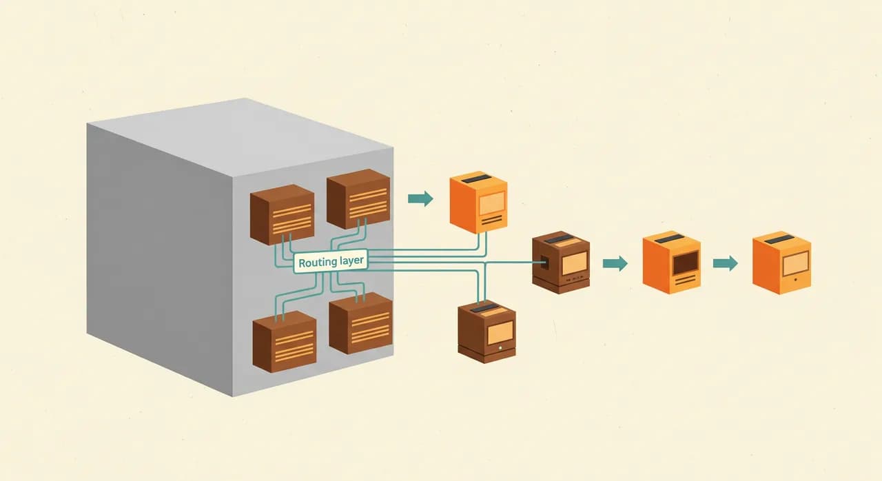 A diagram showing a large grey legacy software box being gradually replaced by smaller bright modern modules connected by a routing layer, one section at a time, in a clean editorial infographic style