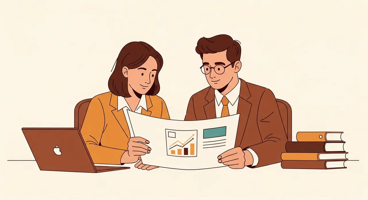 A relaxed small-business owner and a developer reviewing a simple plan together at a desk, a calm and confident mood, illustrated in a warm flat editorial style