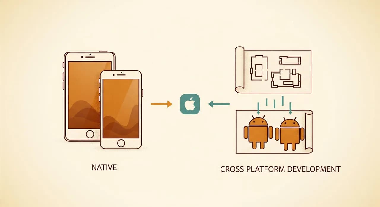 Una ilustración editorial y limpia de un icono de app que se divide en dos caminos — uno con un teléfono estilo Apple y otro estilo Android, lado a lado (nativo), y el otro mostrando un único plano compartido que alimenta ambos teléfonos (multiplataforma), dibujada en un estilo B2B plano y sereno con un solo color de acento