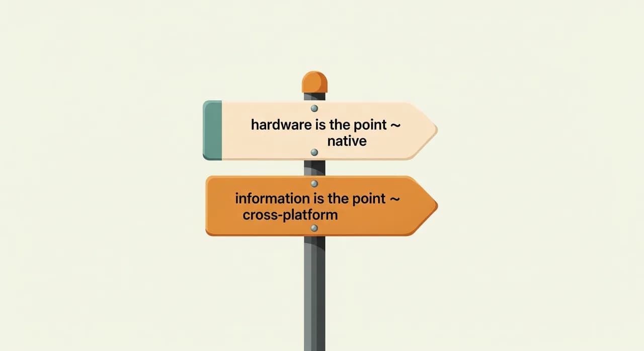 Una ilustración limpia de estilo plano de una sencilla señal de decisión con dos flechas — una apuntando a «el hardware es el punto clave → nativo» y otra a «la información es el punto clave → multiplataforma» — sobre un fondo claro y sereno con un solo color de acento, sin desorden