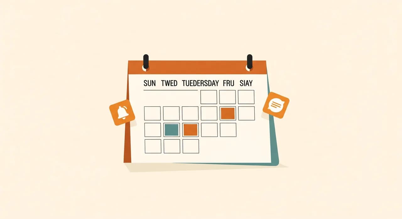 En enkel redaktionel illustration af en ugekalender, hvor tidligere tomme tider nu er fyldt, med små notifikations- og påmindelsesikoner svævende ved siden i en ren, flad stil