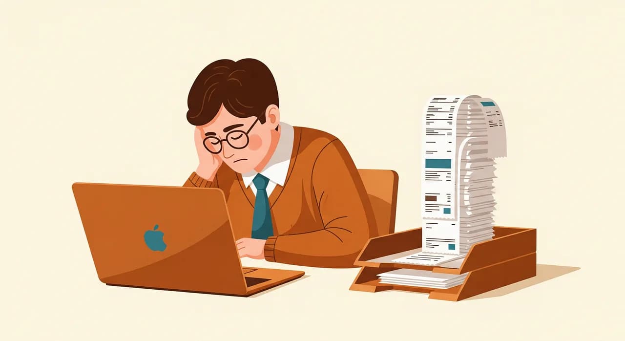 Eine erleichterte Kleinunternehmerin, die abends einen Laptop zuklappt, neben ihr eine leere Eingangsablage, wo früher ein hoher Belegstapel lag, warmes ruhiges Licht, flache Editorial-Illustration