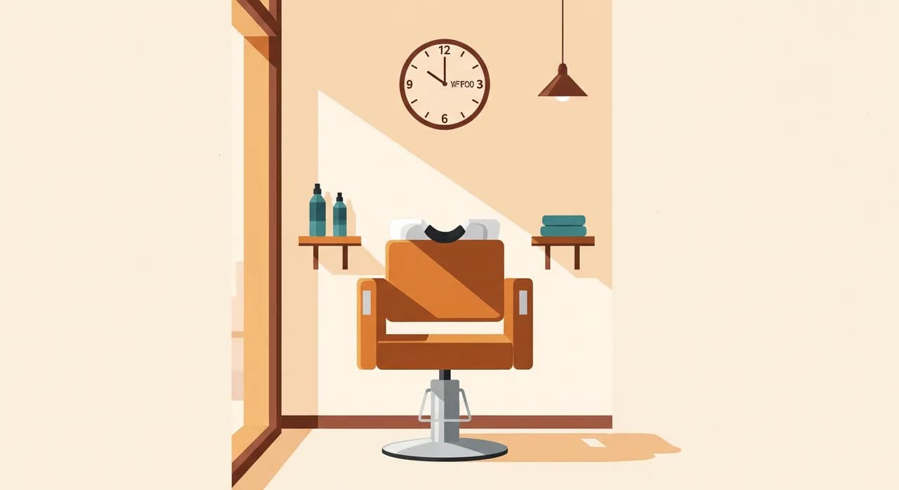 An empty styling chair in a calm, well-lit salon at midday, with a clock on the wall showing an appointment time and no customer present, conveying a quiet missed-booking moment