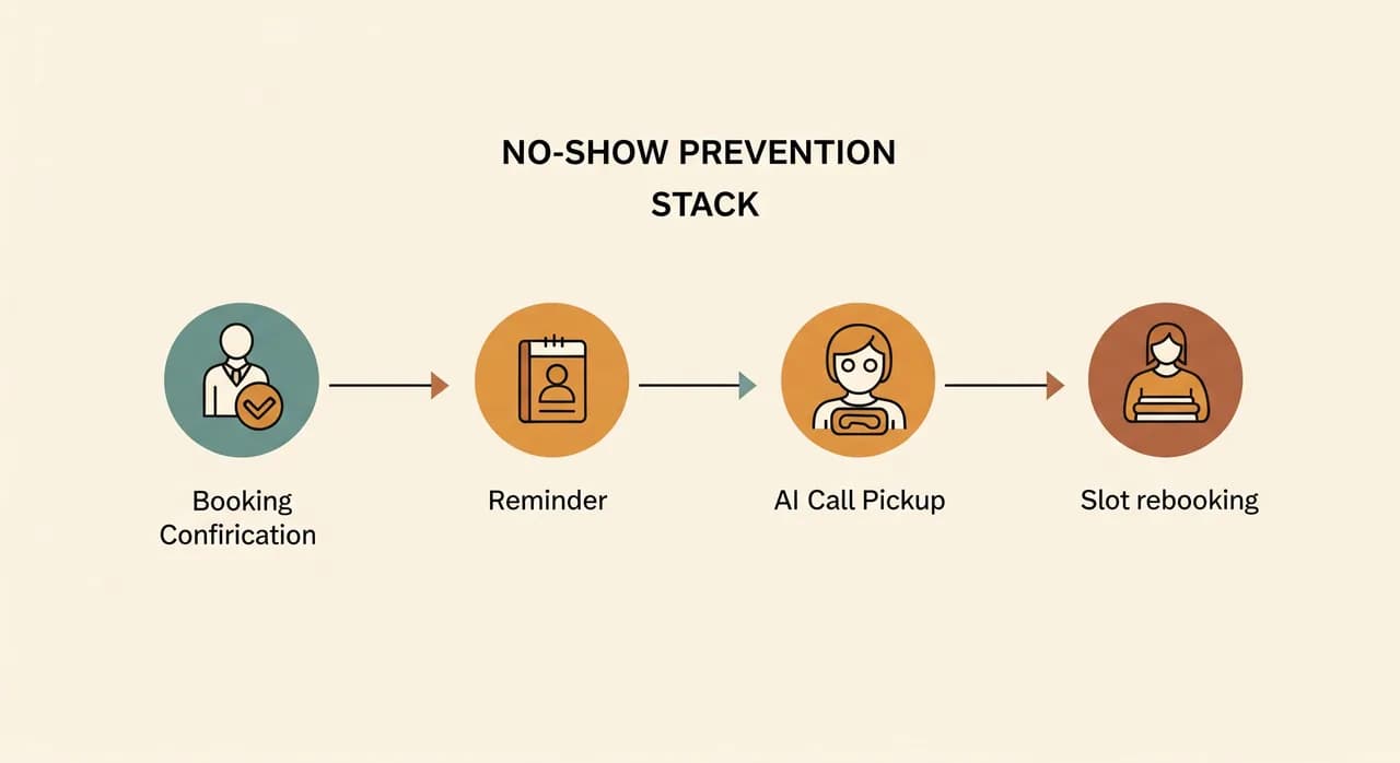 A clean four-step horizontal diagram in a warm editorial style showing the no-show prevention stack: booking confirmation, reminder, AI call pickup, and slot rebooking, each as a simple labelled icon