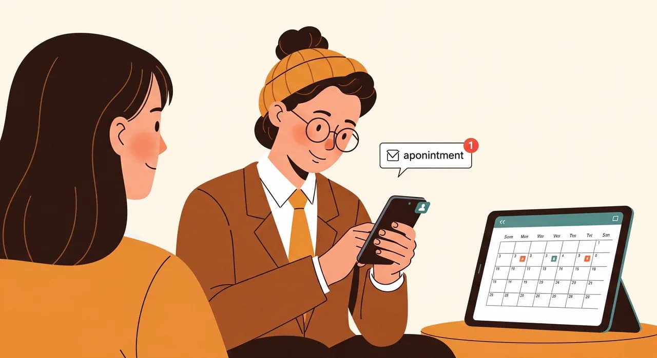 A small-business owner glancing at a phone notification showing a confirmed appointment while working with a client, with a calmly full calendar visible on a tablet nearby, warm and reassuring tone