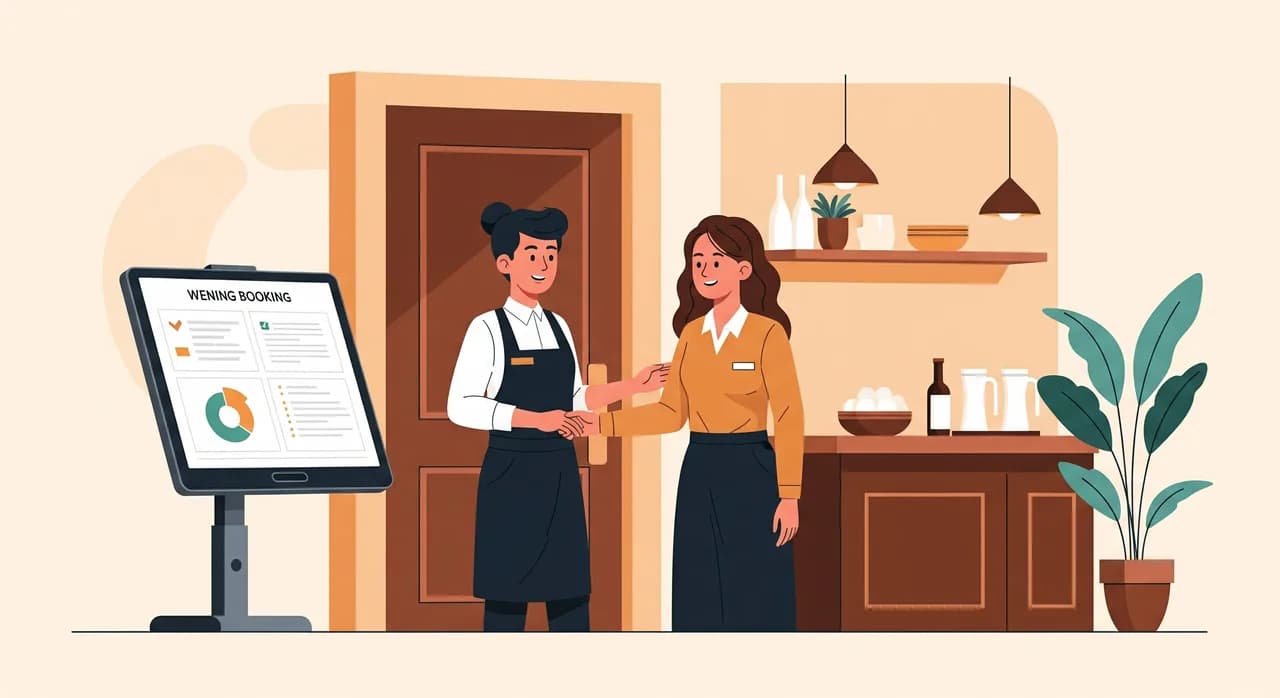 En smilende restaurantvært hilser på et par i indgangen, mens en tablet på bordet stille viser aftenens reservationer, varm indbydende indretning, fokus på den menneskelige velkomst