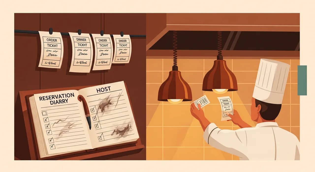 A busy restaurant pass during dinner service, with handwritten paper order tickets stuck on a rail, a smudged reservation diary open on the host stand, and a chef reaching for tickets under warm kitchen light