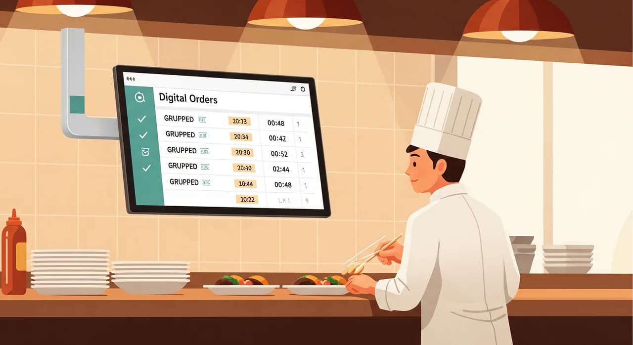 A clean kitchen display screen mounted at the pass showing grouped, time-stamped digital orders, with a calm chef glancing at it while plating, warm and orderly atmosphere