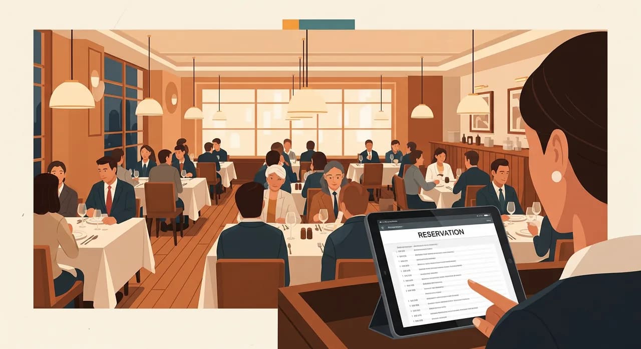 A calm, full restaurant dining room during evening service viewed from the host stand, where a host glances at a tablet showing a clear reservation list, guests seated and relaxed, warm confident atmosphere