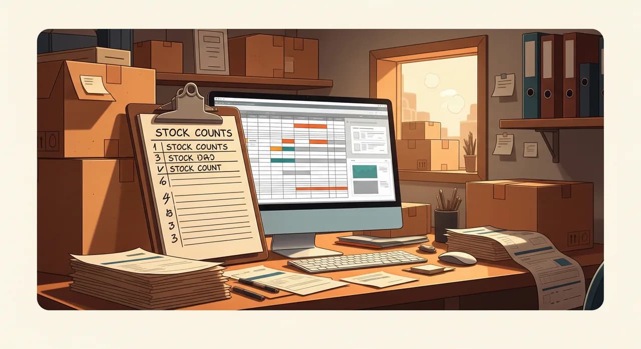 A cluttered small-shop back office with cardboard boxes, a clipboard with handwritten stock counts, a desktop computer showing a spreadsheet, and stacks of paper invoices on the desk, warm afternoon light through a small window
