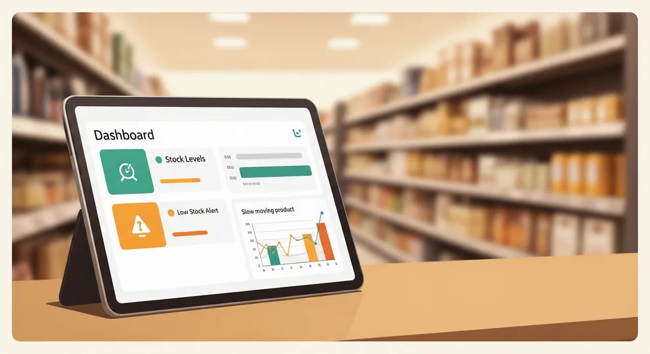 A clean dashboard screen on a tablet propped on a shop counter, showing stock levels with green and amber indicators, a low-stock alert, and a small chart of slow-moving products, retail shelves softly blurred in the background