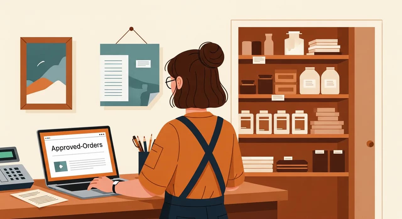 A relaxed shop owner closing up an organised store in the evening, laptop showing a tidy approved-orders screen, the back room neat with labelled shelves, warm and calm mood, contrasted with no paperwork clutter