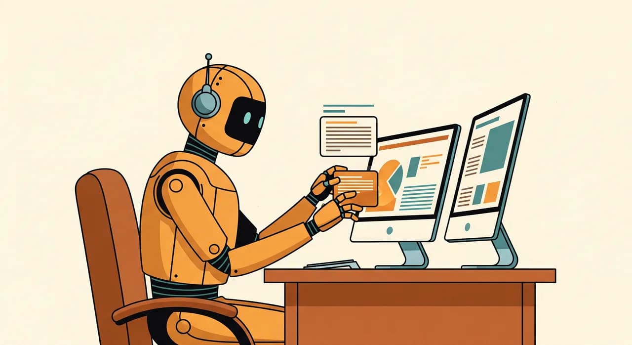 A friendly illustrated robot assistant sitting at a desk methodically copying data between two computer screens, clean flat editorial style in warm tones
