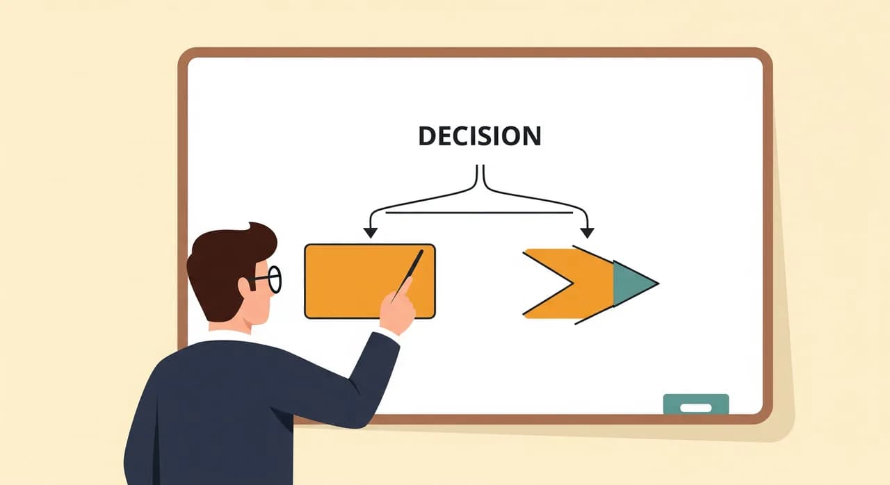 A clean decision flowchart on a whiteboard with two branches labelled rigid rules and understanding, a small-business owner pointing at it, warm editorial illustration
