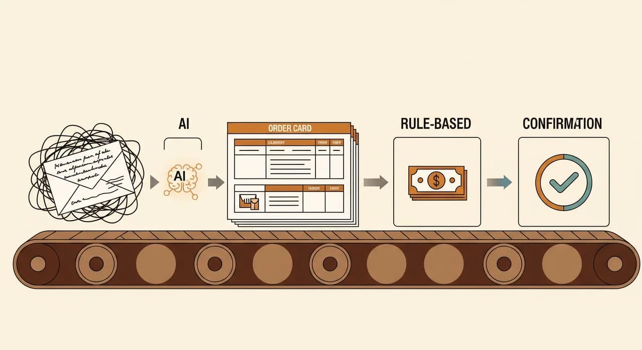 An illustrated workflow conveyor where a messy handwritten email passes through an AI step that turns it into a neat order card, then through rule-based steps for invoice and confirmation, warm clean editorial style