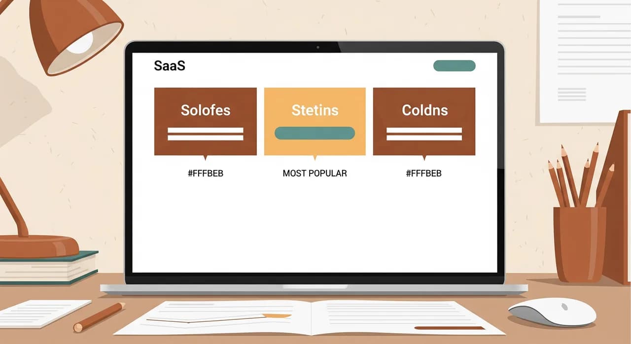 Un mockup di una pagina dei prezzi SaaS a tre colonne mostrato sullo schermo di un portatile, con la fascia centrale «più popolare» sottilmente evidenziata, disegnato in uno stile editoriale caldo e pulito su una scrivania ordinata