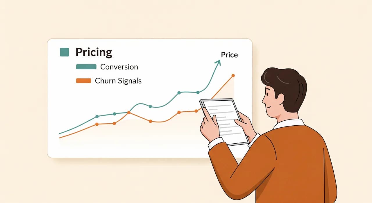 Un'illustrazione di un fondatore che esamina una semplice dashboard di prezzo con segnali di conversione e abbandono come delicati grafici a linee, una linea di prezzo in tendenza al rialzo sottilmente evidenziata, in uno stile editoriale calmo e pulito