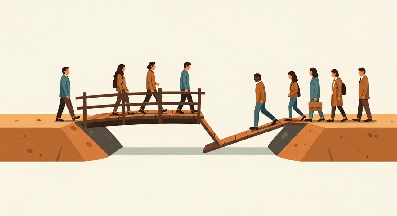 A clean editorial illustration of a small wooden bridge that worked fine for a few walkers now visibly straining under a growing crowd, with one or two planks beginning to bend, in a calm muted palette