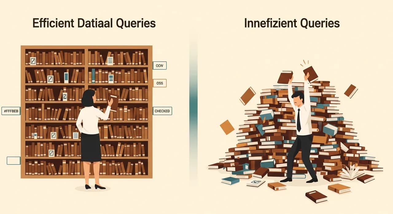 A flat editorial illustration of a librarian instantly pulling one labelled book from a vast indexed shelf, contrasted with a figure frantically checking every unlabelled book on the floor, representing an indexed versus unindexed database query