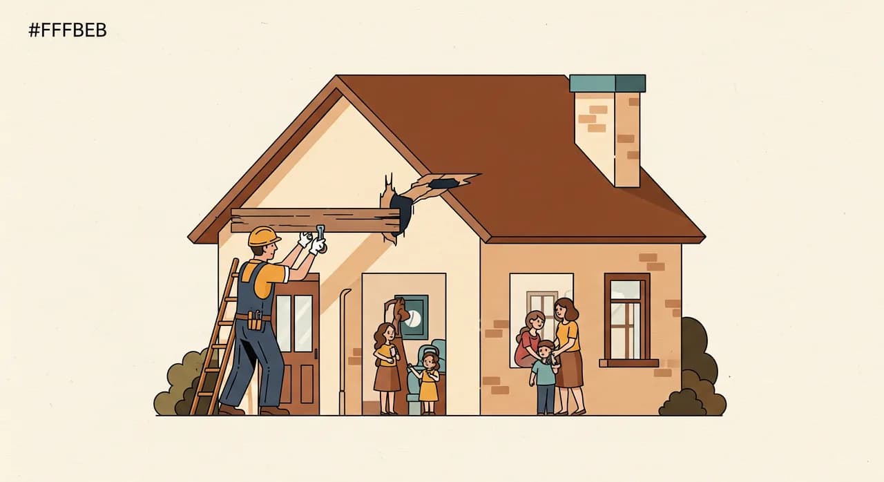 A calm editorial illustration of a builder carefully replacing a single worn beam in an otherwise solid house while the family inside carries on with daily life, conveying a targeted refactor rather than a full rebuild
