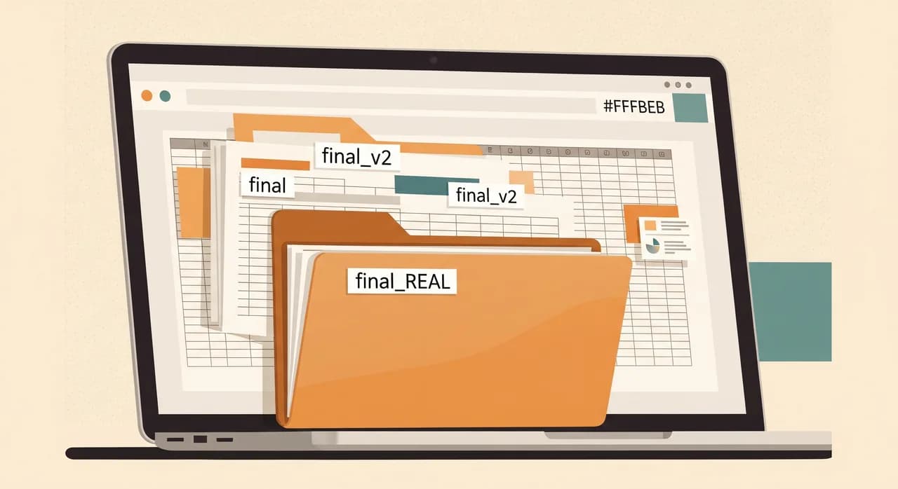A laptop screen showing a cluttered folder full of spreadsheet files with confusing names like final, final_v2 and final_REAL, lit in cool office light, conveying quiet chaos