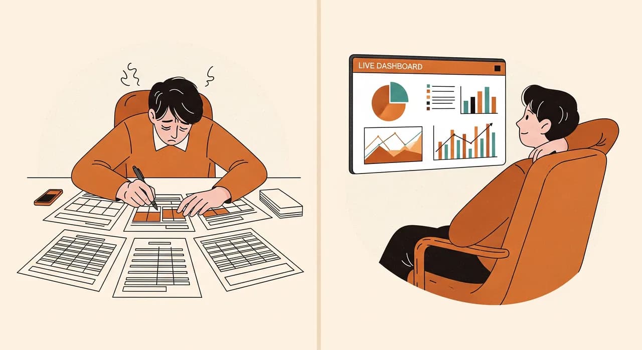 A split illustration: on the left a tired person manually copying columns between several spreadsheets, on the right the same person relaxed, glancing at a clean live dashboard with simple charts
