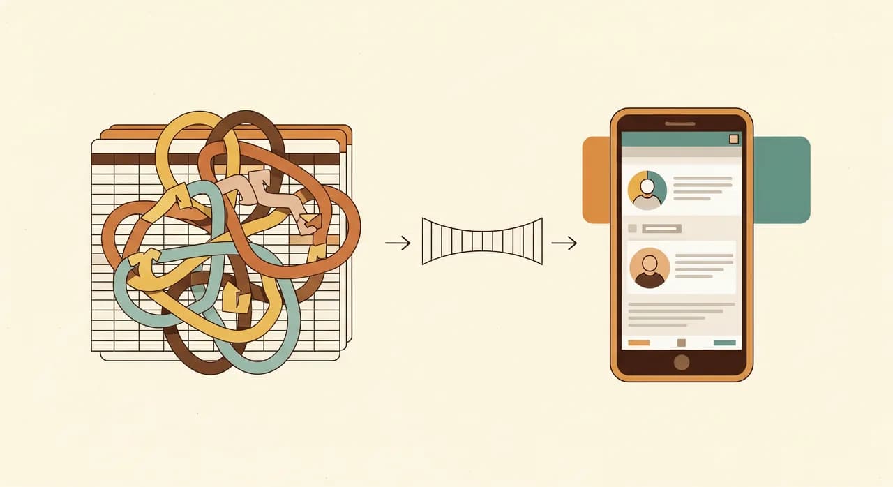 A calm illustration of an old tangled spreadsheet on the left connected by a gentle bridge of small arrows to a clean simple app interface on the right, suggesting a safe, gradual migration