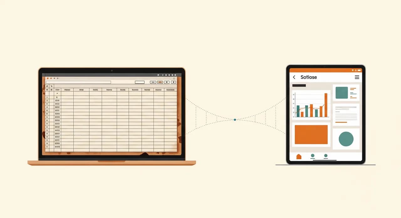 Twee softwaresystemen die naast elkaar op een bureau draaien — een oude, versleten spreadsheet op een laptop en een strakke nieuwe app op een tablet — met een rustige brug van stippellijnen die ze verbindt, warme vlakke redactionele stijl