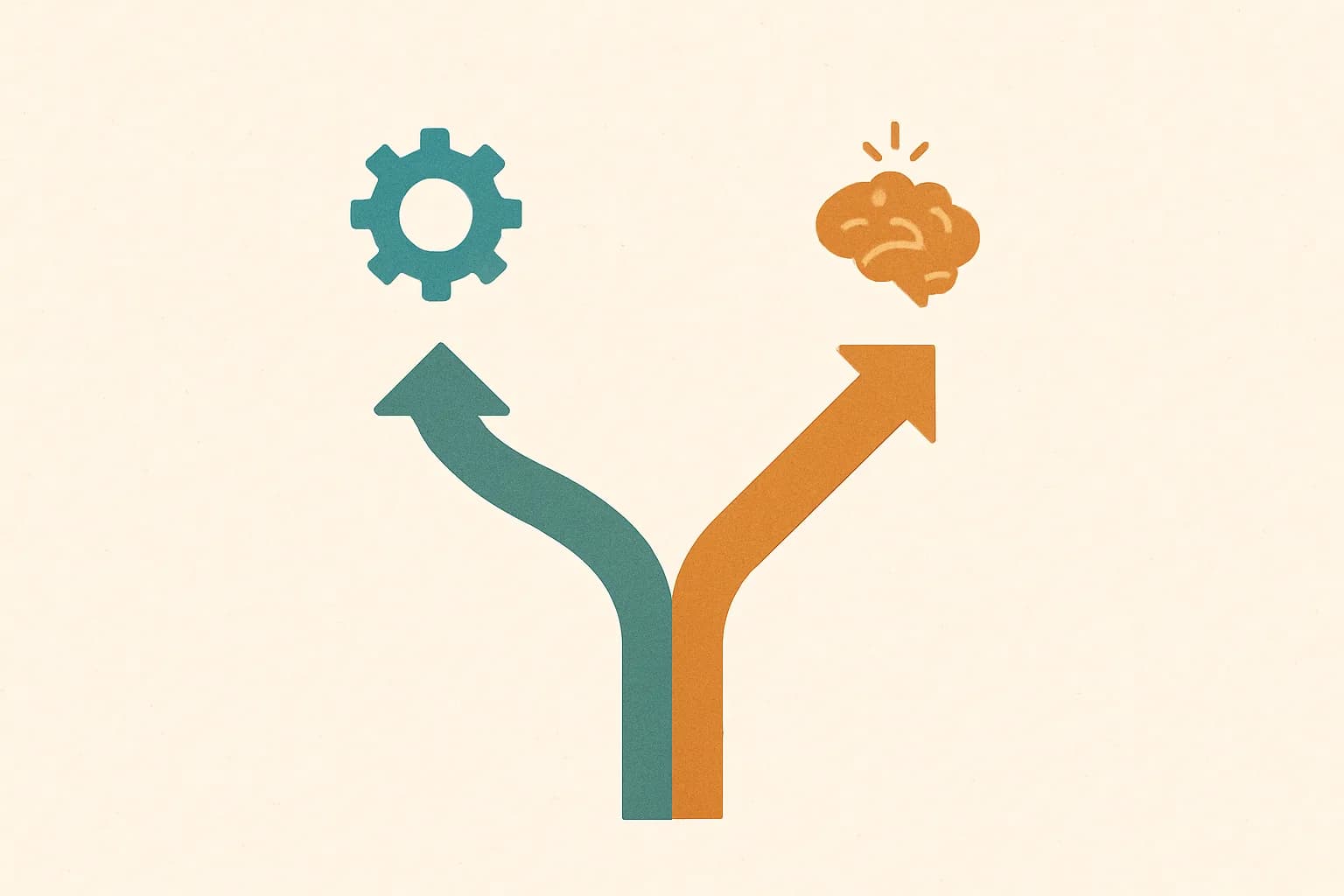 Et enkelt beslutningsdiagram med en forgrening mellem regelbaseret automatisering og AI, tegnet i en ren redaktionel stil
