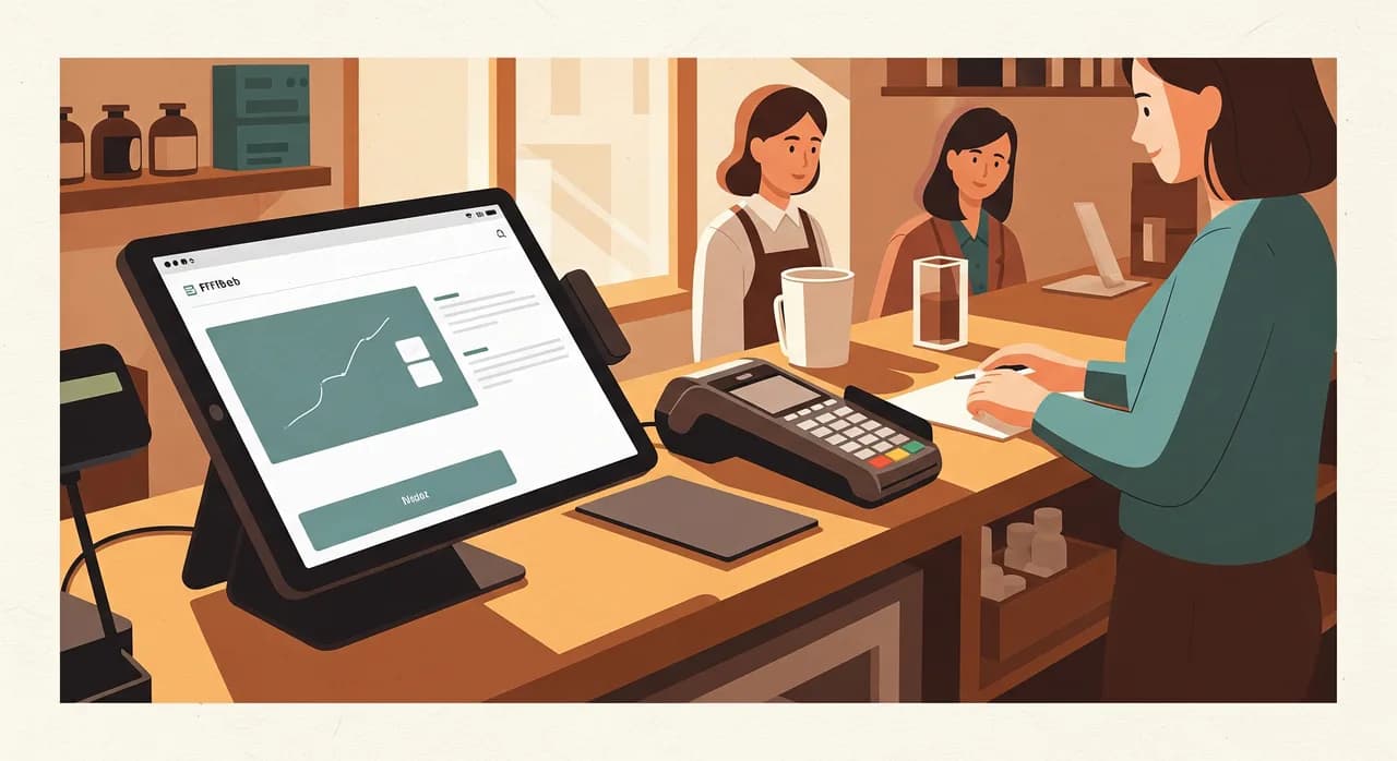 A busy shop counter with a tablet-based point-of-sale terminal, a card reader and a small queue of customers, warm natural light, photographed from the staff side