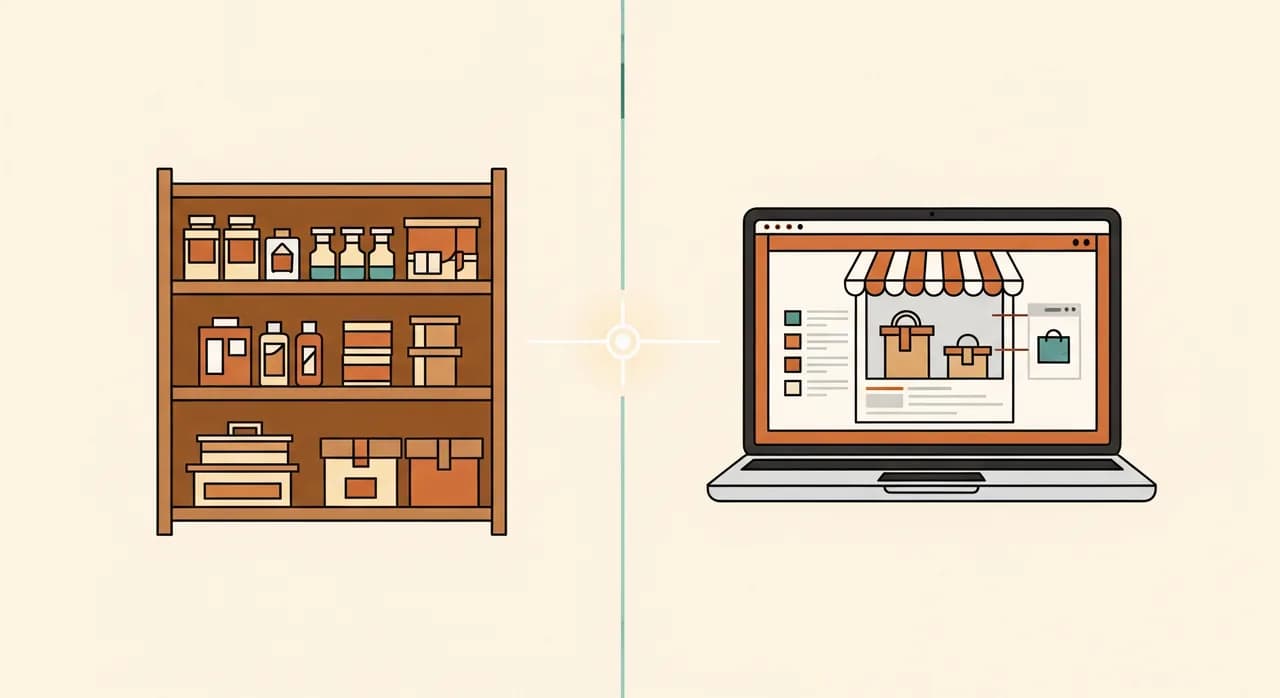 A split illustration showing a physical shop shelf on one side and a laptop showing an online store on the other, connected by a single glowing line representing shared inventory data, clean flat editorial style