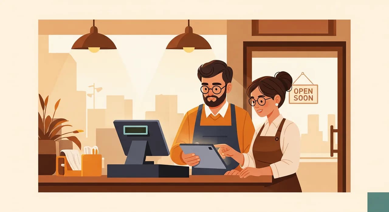 A shop owner and a staff member calmly reviewing a new point-of-sale system on a tablet behind the counter before opening, soft morning light, an 'open soon' sign in the background, warm reassuring tone