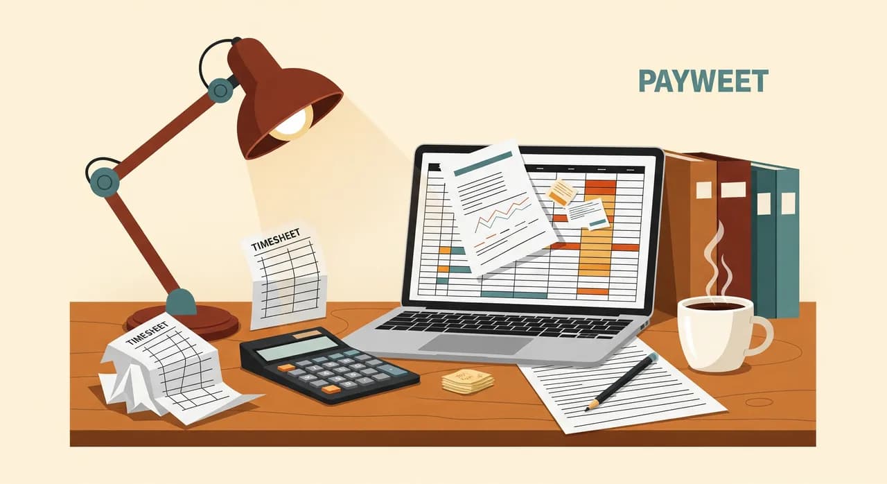 A cluttered desk on payday evening: a crumpled paper timesheet, a calculator, a laptop showing a messy spreadsheet, and a cold cup of coffee under a desk lamp