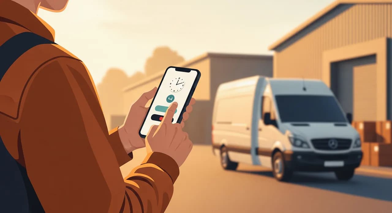 A worker in a uniform tapping a clock-in button on a smartphone at the start of a shift, with a delivery van and warehouse softly out of focus behind them in early morning light