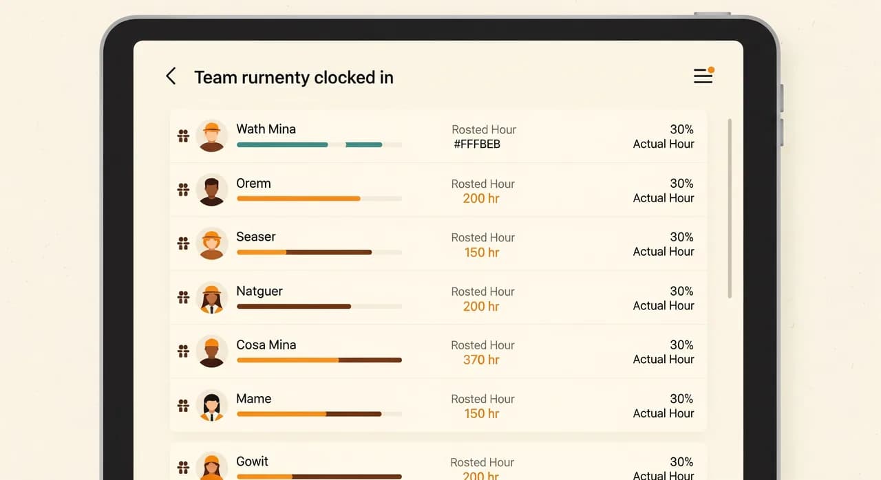 A clean dashboard view on a tablet showing a live list of team members currently clocked in across several sites, with rostered hours next to actual hours, in a calm professional flat-design style