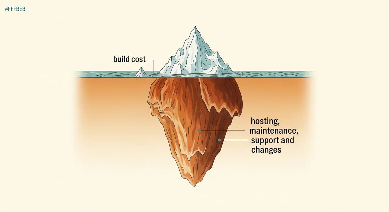 An iceberg cross-section illustration where the small visible tip is labelled 'build cost' and the much larger submerged mass is labelled with hosting, maintenance, support and changes, drawn in a clean editorial flat style