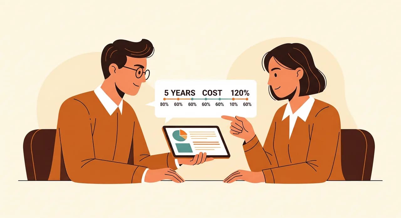 A small-business owner and a developer sitting at a table looking together at a simple five-year cost timeline on a tablet, warm and collaborative, flat editorial illustration style