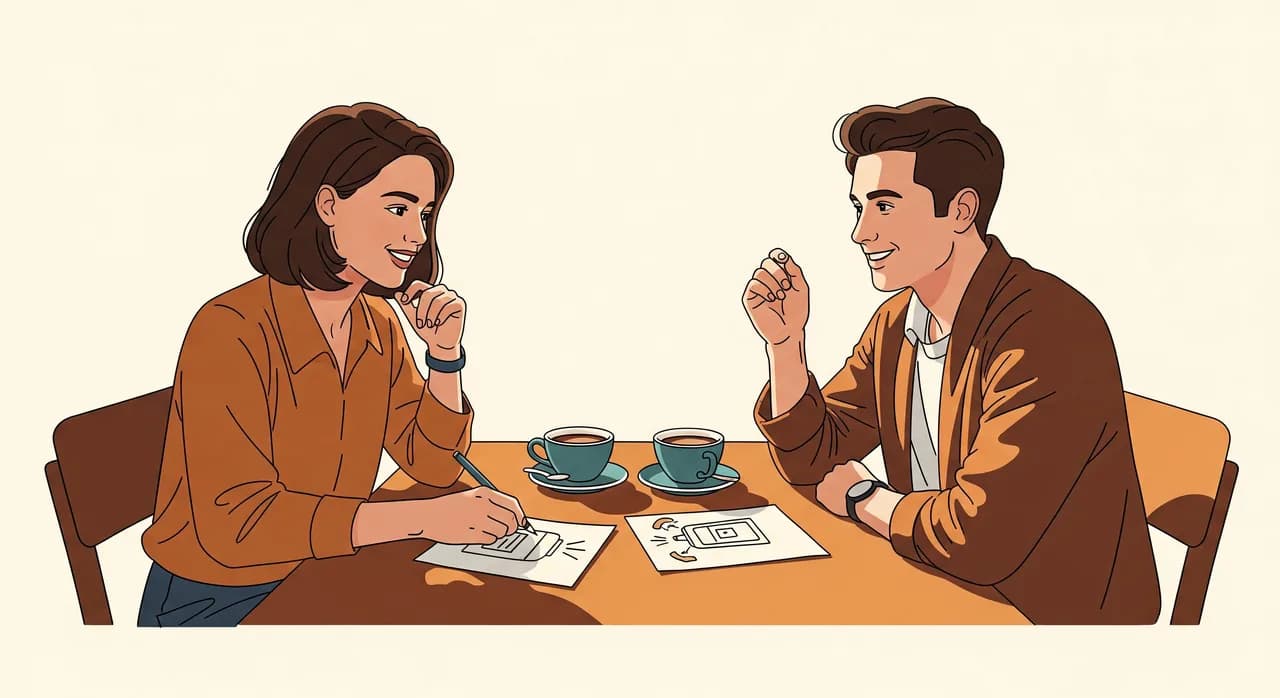 Una fundadora en la mesa de una cafetería esboza una idea de producto en una servilleta mientras habla con la propietaria de una pequeña empresa frente a ella, dos cafés entre ambas, luz natural cálida