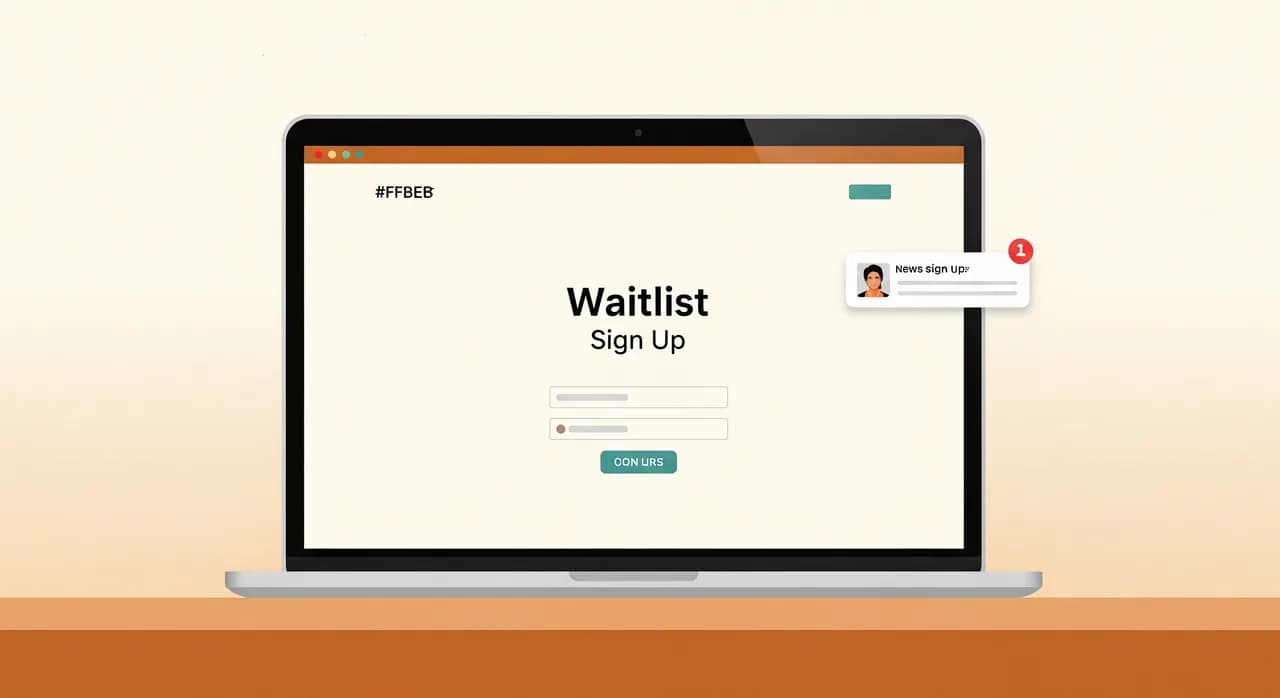 Una pantalla de portátil limpia muestra un sencillo sitio de aterrizaje de una página con un formulario de registro para una lista de espera y un pequeño distintivo de notificación con algunos registros nuevos, sobre un escritorio minimalista