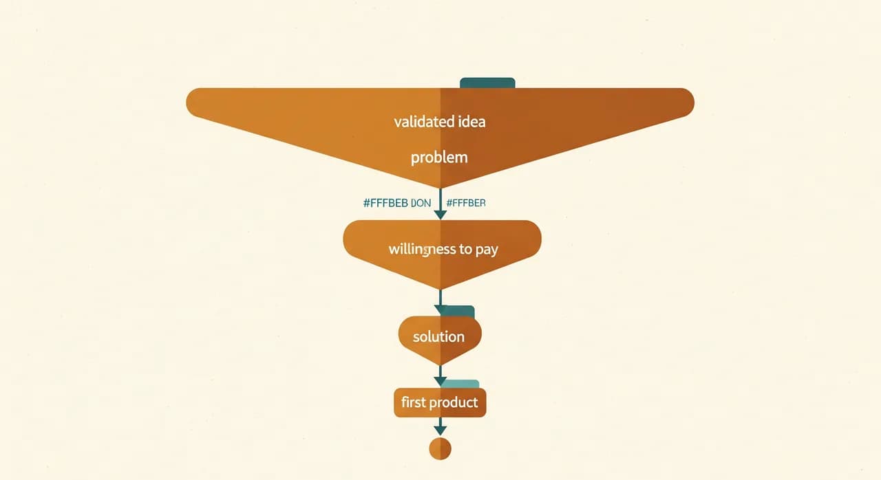 Una ilustración tipo diagrama de flujo que muestra cómo una única idea validada se estrecha a través de filtros —problema, disposición a pagar, solución— hasta convertirse en un primer producto pequeño y enfocado, con un estilo de diagrama editorial limpio